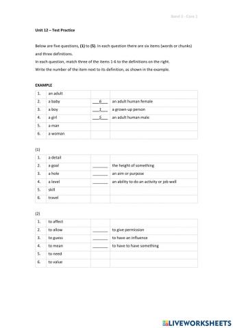 Band 3 (Core 1) - Unit 12 - Test