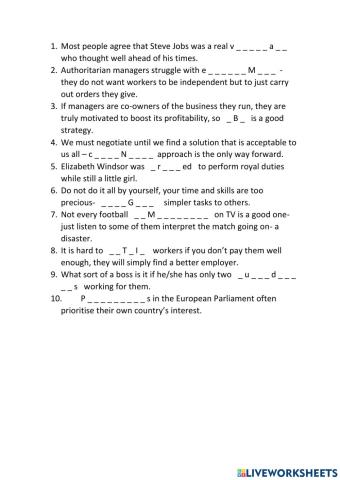 Extra vocabulary exercise on words from market leader upper intemediate b brief unit 7