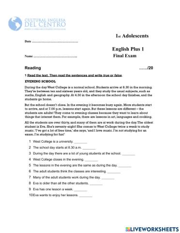 English Plus 1- Final Exam