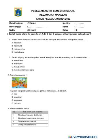 Soal PAS Tema 4 Semester Ganjil