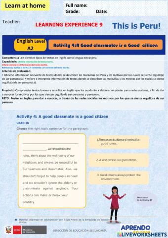 This is Peru - Activity 4: A Good Classmate is a Good Citizen! week 39 A2