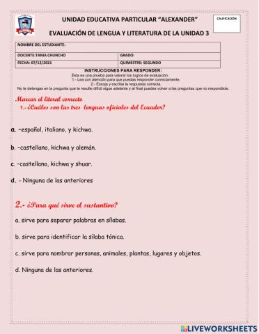 Examen lengua y literatura