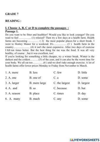 GRADE 7 - Ôn thi giữa kỳ 1 -2122- Reading 1