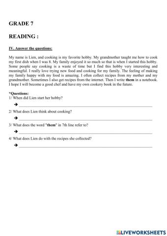 GRADE 7 - Ôn thi giữa kỳ 1 -2122- Reading 4