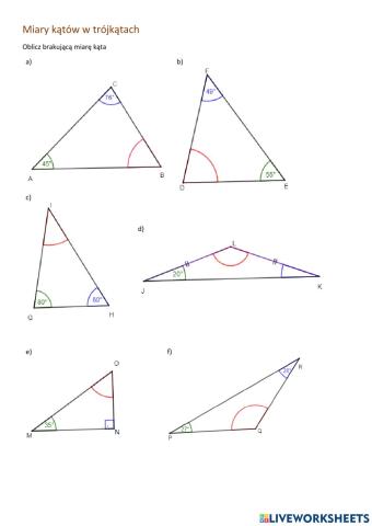 Oblicz miary kątów wewnętrznych w trójkątach