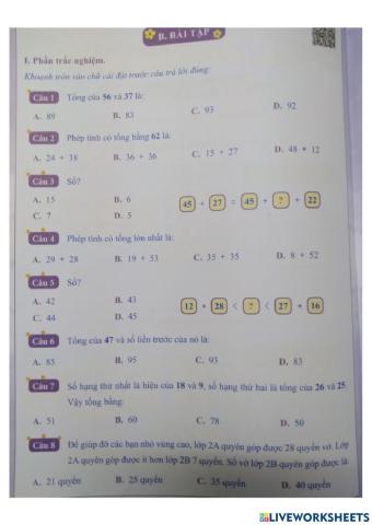 Phiếu bài tập toán cuối tuần 12 - lớp 2