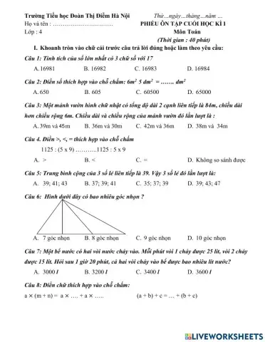 Ôn tập toán cuối kì 1