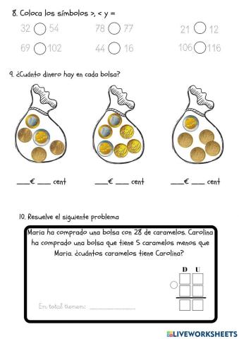 Monedas euro, mayor que, menor que, problema