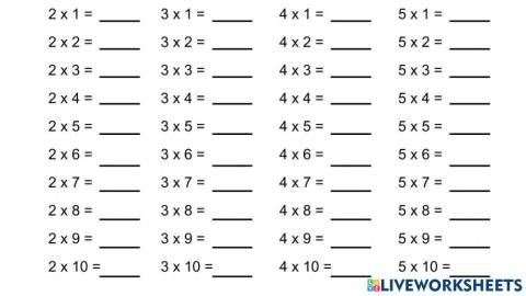 Multiplication tables 2-5