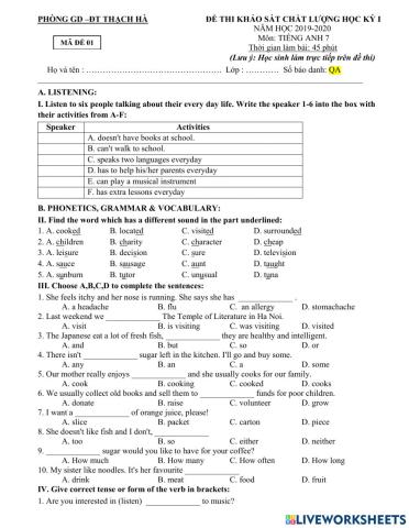 1st semester test English 7