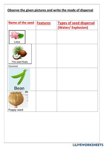 Dispersal of seed  by water and explosion