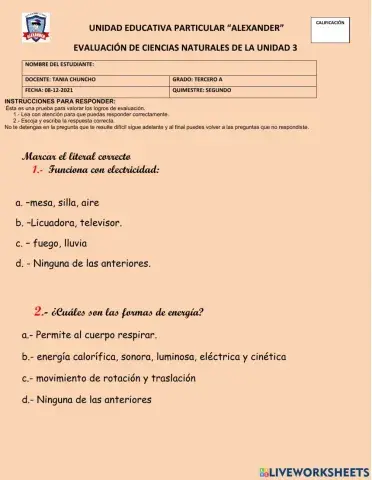 Examen de ciencias naturales