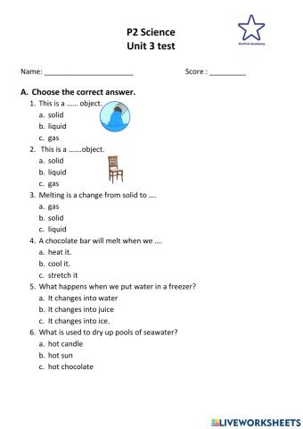 P2 Science unit 3 test