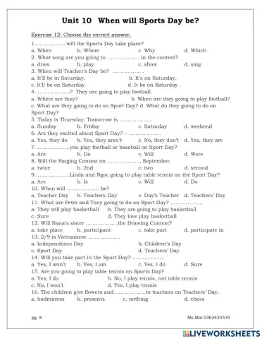 E5 Unit 10 When will Sports Day be?