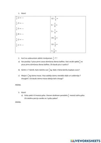 Pamatdaļu dalīšana ar veselu skaitli, vesela skaitļa dalīšana ar pamatdaļu