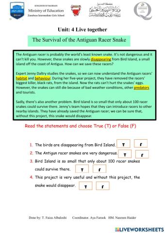 Unit  4:  Reading The Survival of the Antiguan Racer Snake