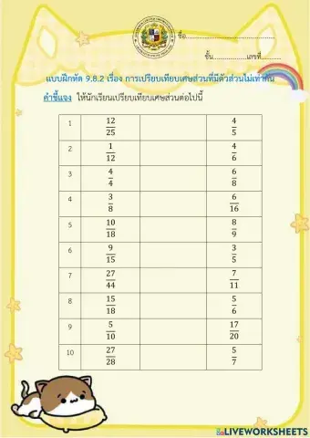 9.8.2แบบฝึกหัดเรื่องการเปรียบเทียบเศษส่วนที่มีตัวส่วนไม่เท่ากัน