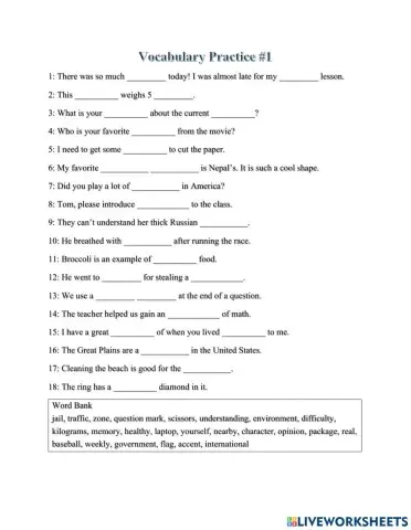 Band II Vocab Worksheet
