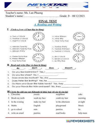 Final test 4 grade 3