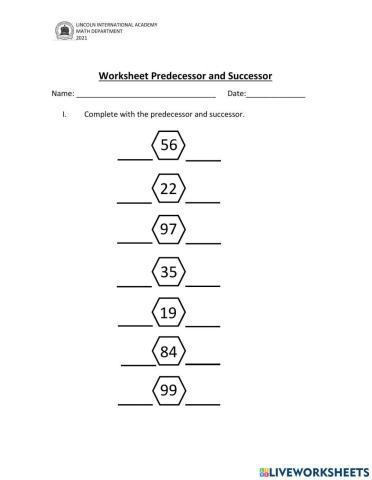 Worksheet Predecessor and Successor