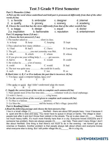 Test 3 Grade 9 1st semester
