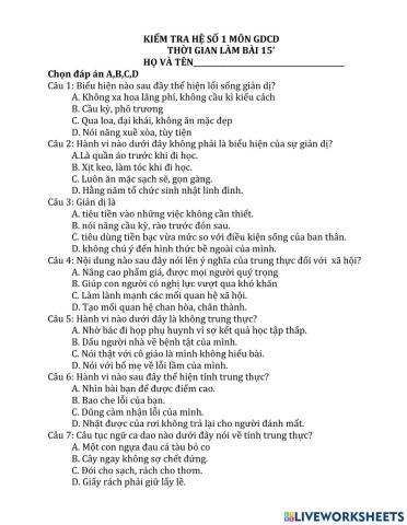 Kiểm tra hệ số 1 gdcd