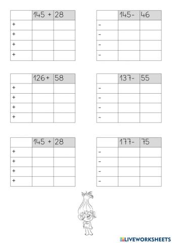 Sumas y restas. ABN. Rejilla. Familia del 100