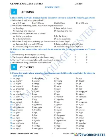 Review Unit 1 Listening and Vocabulay Grade 6