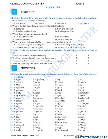 Review Unit 1 Listening and Vocabulay Grade 6