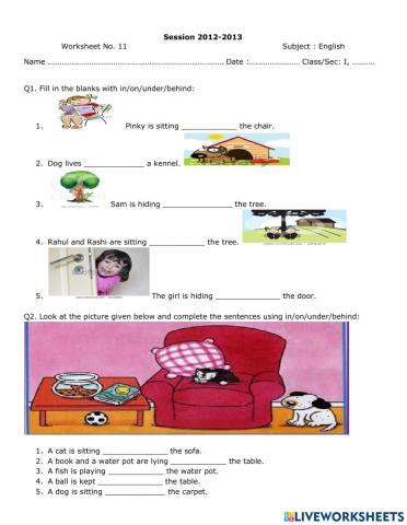 Prepositions Worksheet