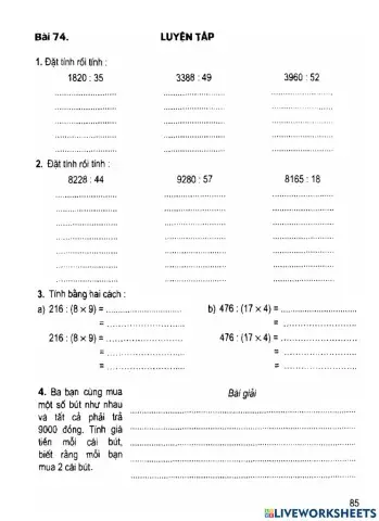 Toán in 4 bài 74 Luyện tập