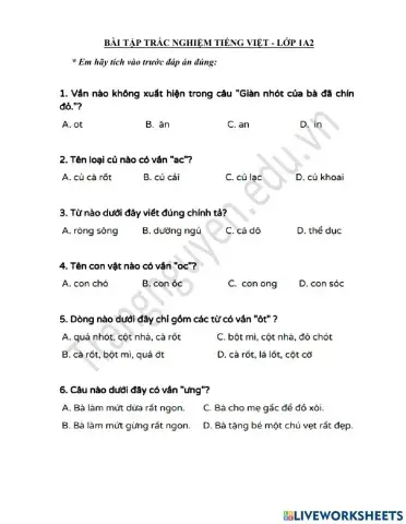 Trắc nghiệm Tiếng Việt