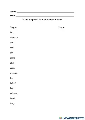 Plurals (adding s, es, changing f to v before adding es)