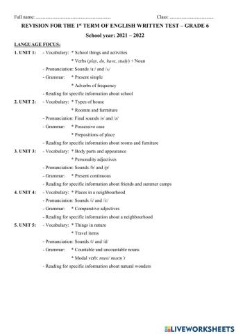 Đề cương ôn thi học kì lớp 6