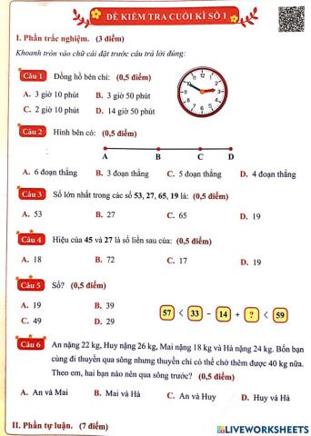 Ôn tập toán cuối kì 1 lớp 2