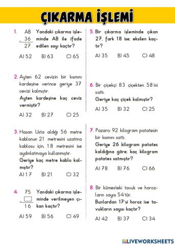 02-Matematik-Çıkarma İşlemi-Test