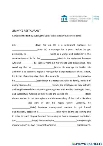Jimmy's Restaurant verb tense exercise