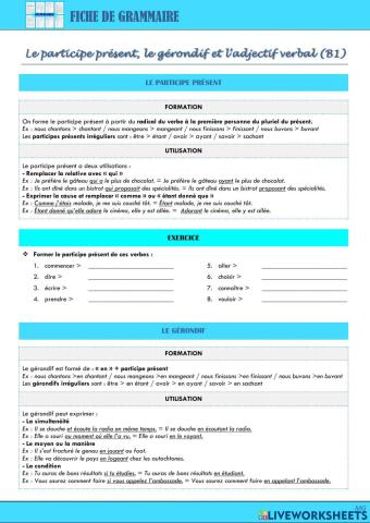 Le participe présent, le gerondif et l'adjectif verbal