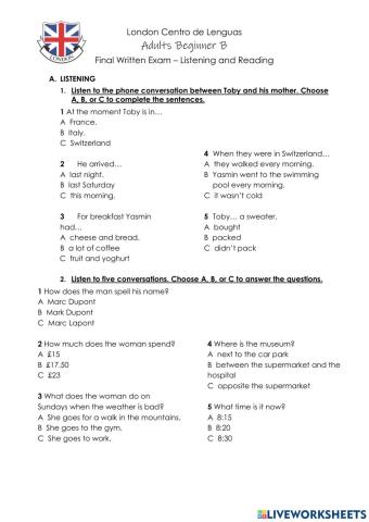 Beginner B - Final Exam - L&R