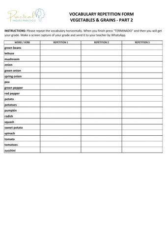 Vocabulary repetition form - vegetables & grains - part 2