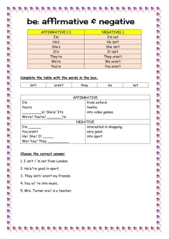 English Year 5 be: affirmative and negative