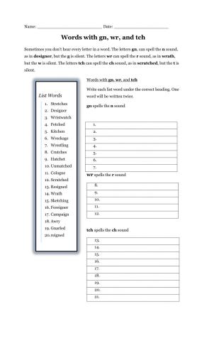 Words with gn, wr, and tch