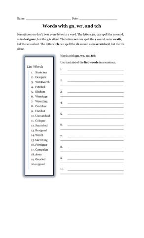 Words with gn, wr, and tch