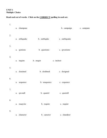 Grade 5 Spelling Unit 1 Multiple Choice Spelling
