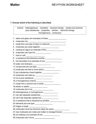 Matter  WORKSHEET