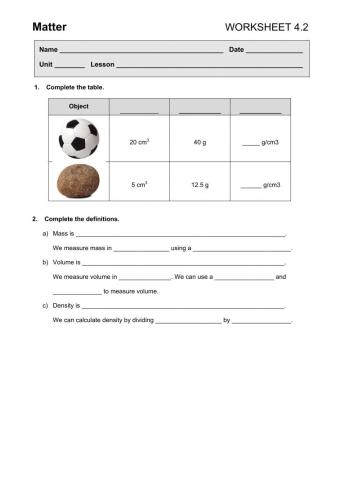 Matter   WORKSHEET 4.2