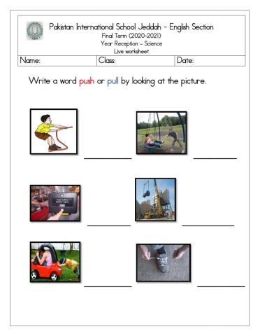 Science push and pull live worksheet