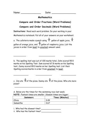 Compare and Order Fractions and Decimals Word Problems
