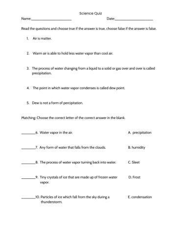 Science quiz WATER CYCLE, AIR