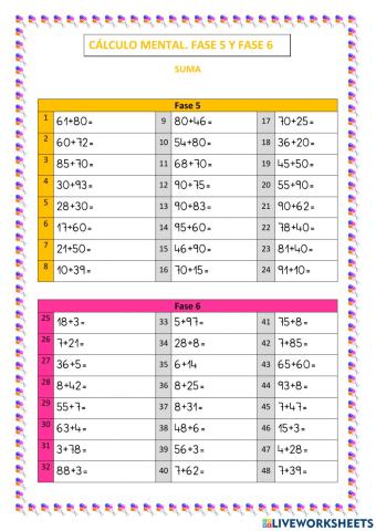 Cálculo mental. sumas. fase 5 y 6. abn